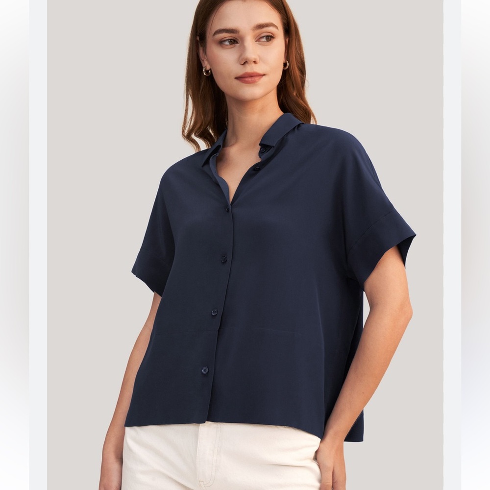 NWT Lily silk Women's V Neck Half-Sleeve Notch Silk Shirt